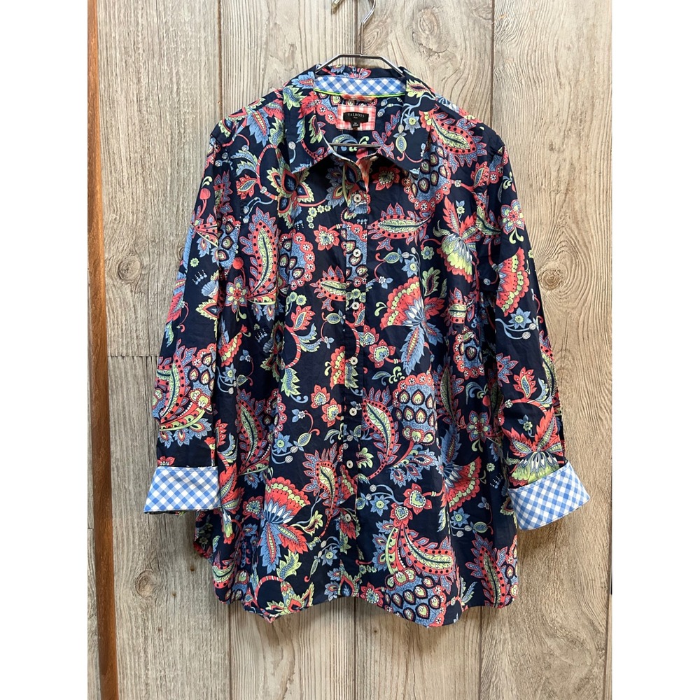 Talbots Plus 3X Navy Paisley Floral Button Down Shirt Gingham Cuffs Long Sleeve